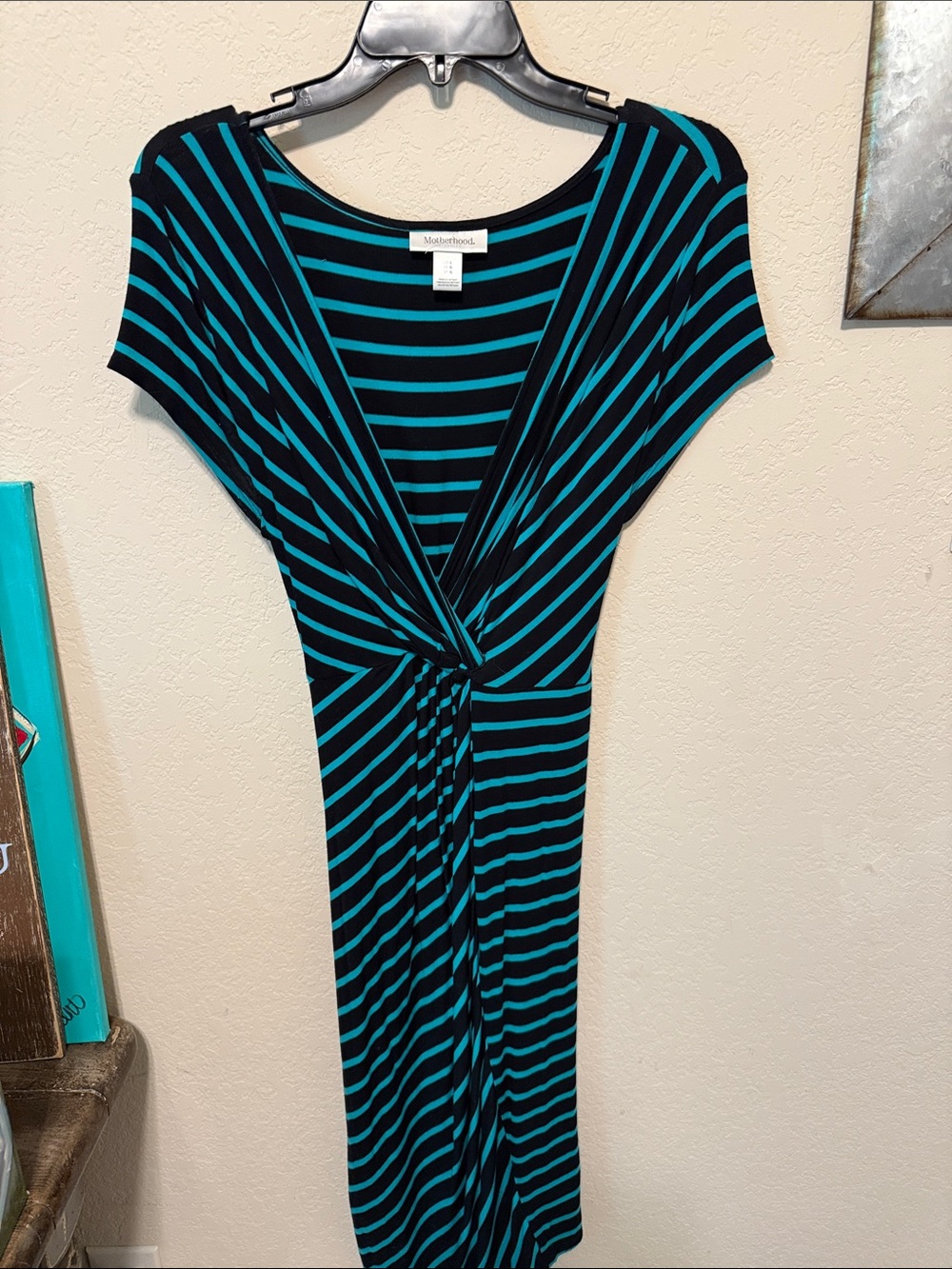 Motherhood Teal and Black Striped Knot-Front Midi Dress